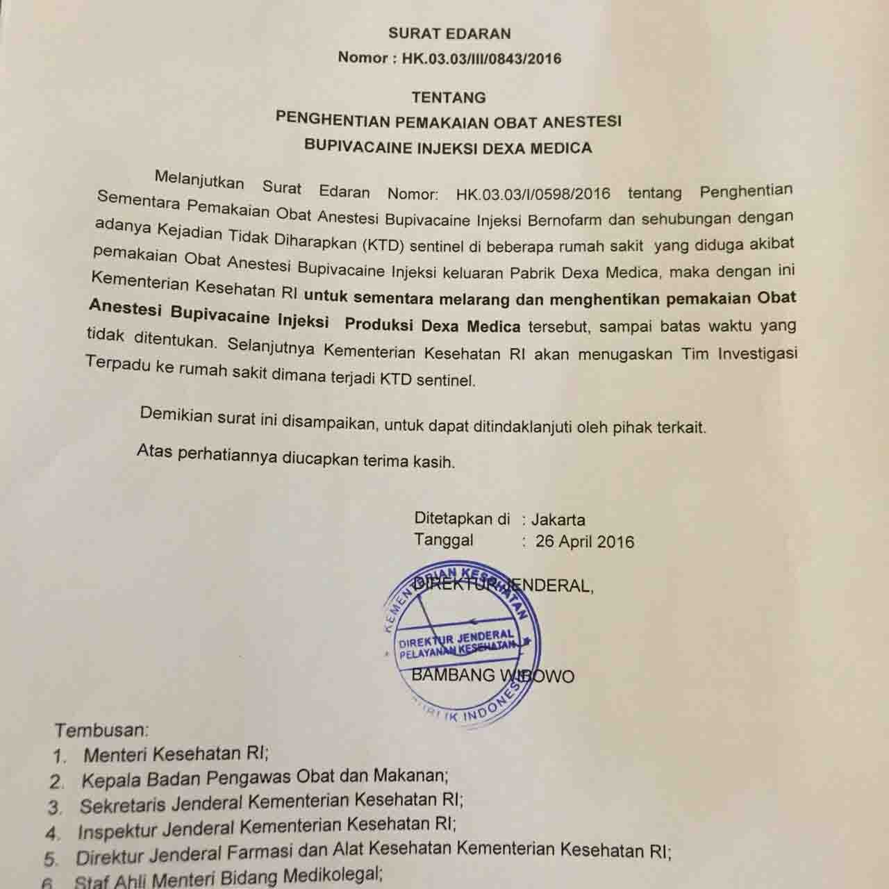 KEMENKES Keluarkan Surat Edaran Penghentian Pemakaian Obat Bupivacaine ...